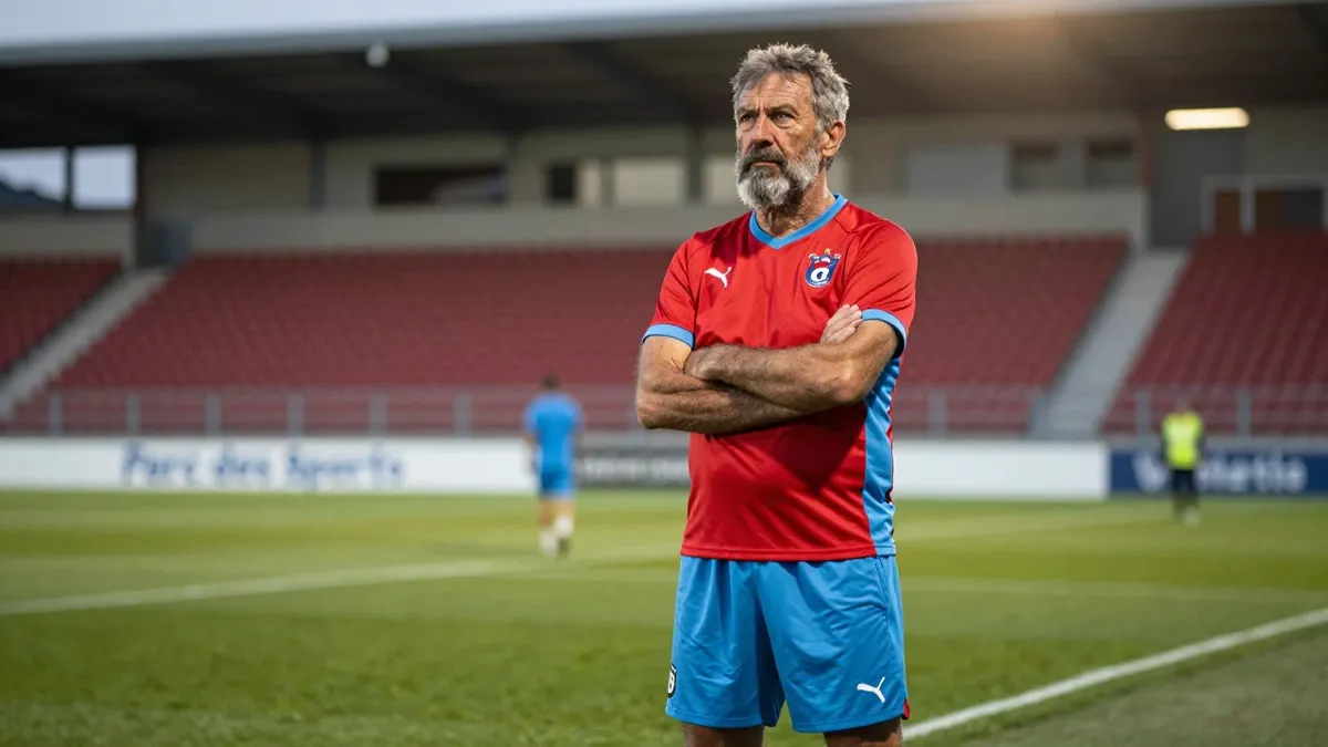 A 50-year-old Annecy coach, a rugged, weathered man with a thick grey beard and a stern expression, stands at the edge of...