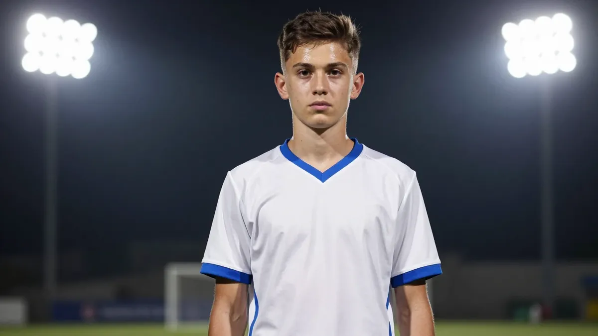 Waist-up shot of a young Annecy player in white and blue kit, determined expression, focused eyes